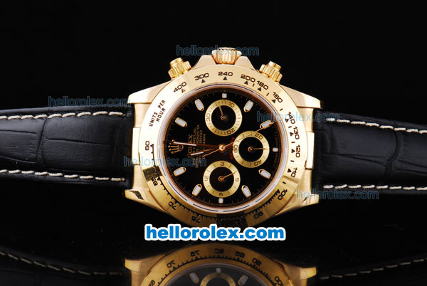 Rolex Daytona Oyster Perpetual Chronometer Automatic Gold Case with Black Dial and White Marking-Leather Strap - Click Image to Close